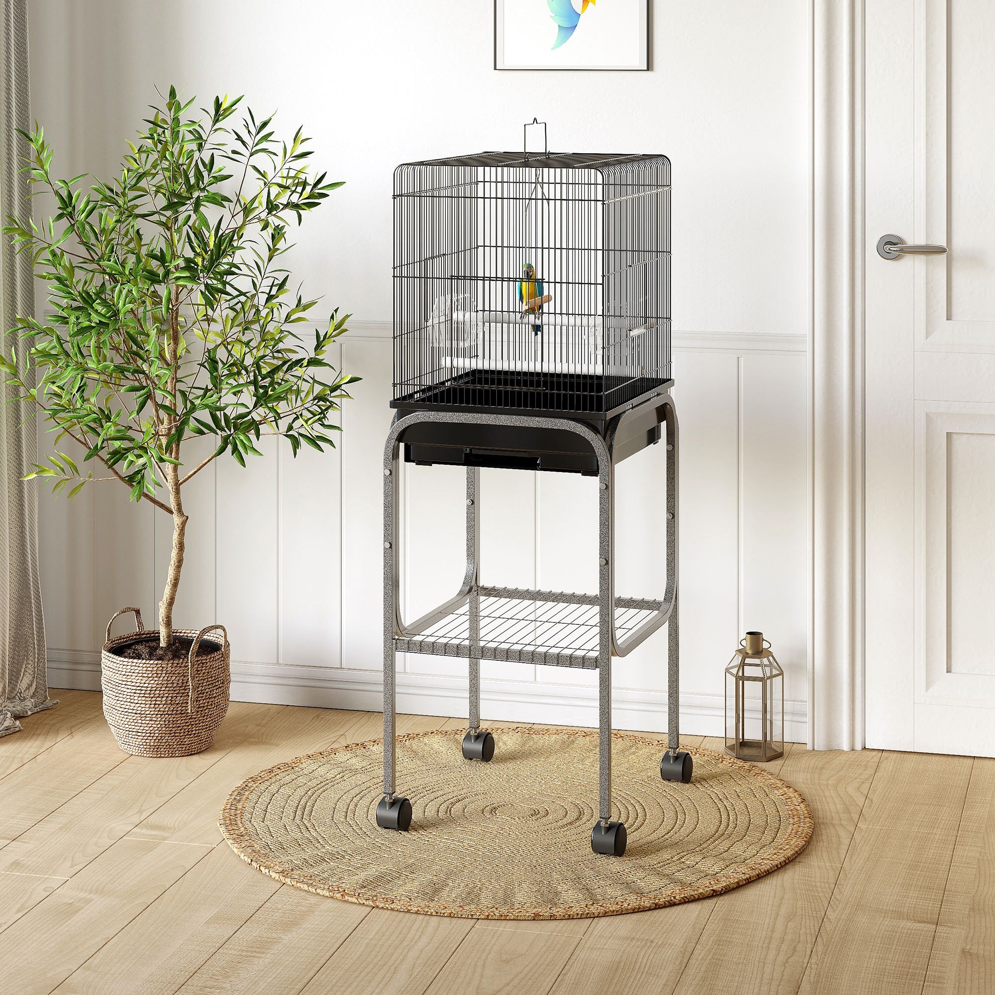 45-inch Metal Indoor Bird Cage, Parrot Cage, Bird Aviary with Detachable Rolling Stand, Storage Basket, and Accessories - Black - BLACK - Image 2