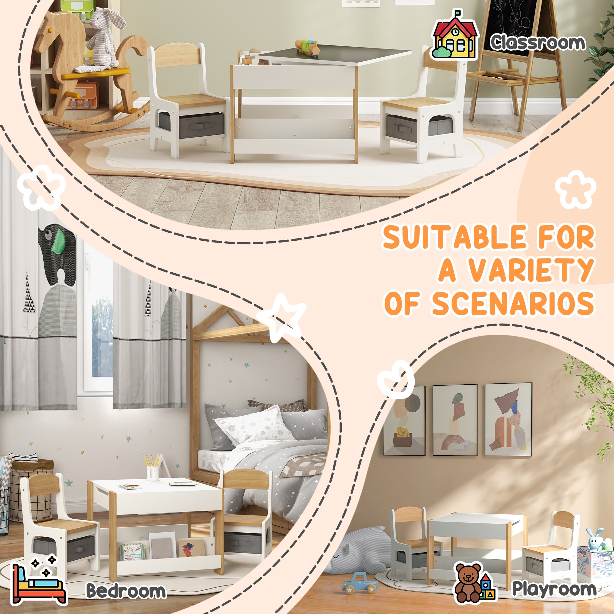 3pc Kids Table and Chair Set with Reversible Tabletop Blackboard, Storage & Bookshelves, Natural
