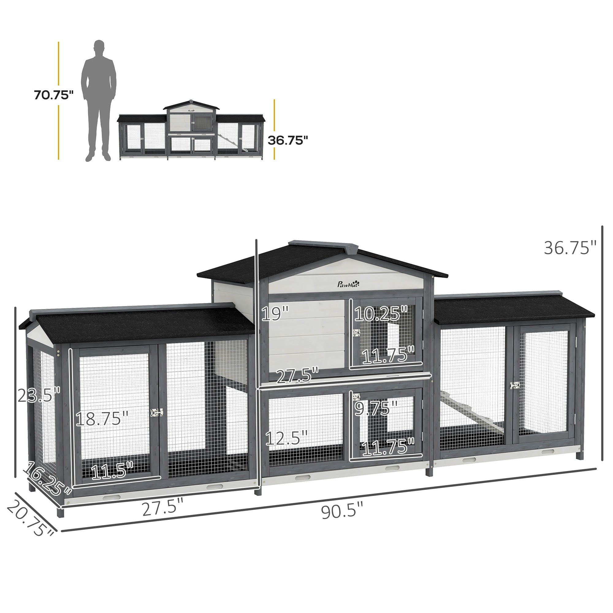 90.5" Wooden Rabbit Hutch Bunny Cage Pet Playpen House Enclosure with Double Side Run Boxes, No Leak Tray, Ramp, for Rabbits, Chickens, Ducks, Guinea Pig and Small Animals, Light Gray - Light Gray - Image 3