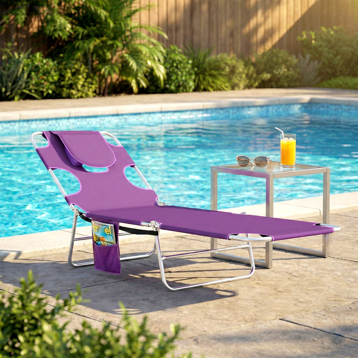 Tanning Chair with Face Hole, 5-Level Adjustable Outdoor Chaise Lounge Chair with Pillow for Beach, Pool, Purple