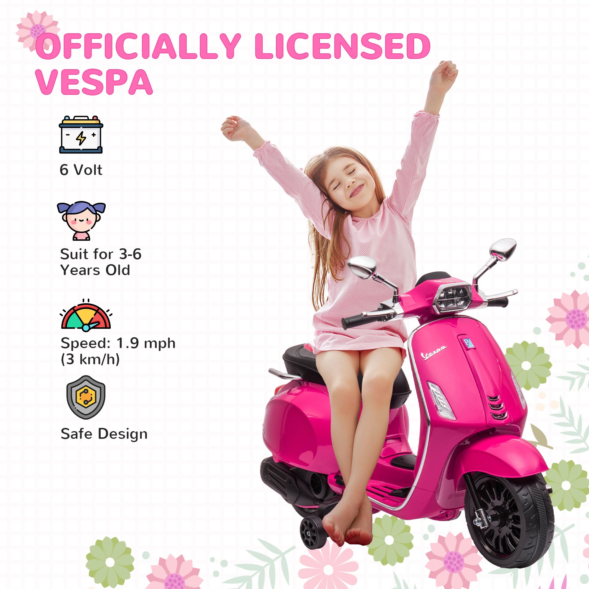Vespa Licensed Kids Motorcycle 6V Toddler Motorcycle with Music, FM Radio, Headlight, Pink