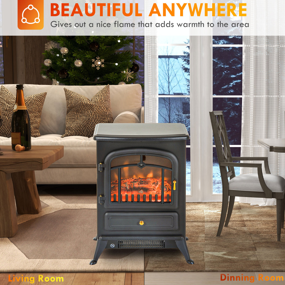 Fireplace Stove, Electric Fireplace Heater with Realistic LED Flames and Logs, 725W/1450W, Black