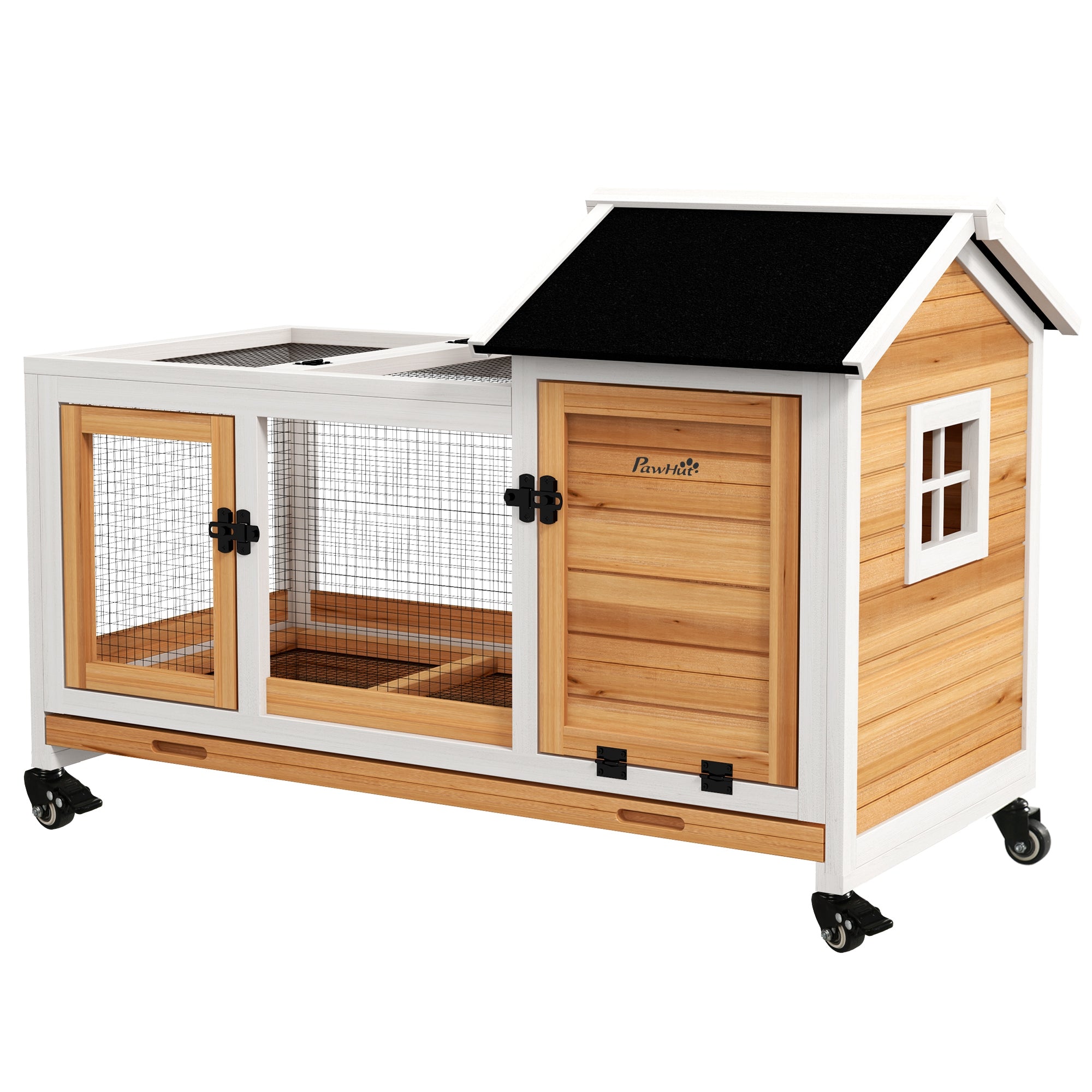 Wooden Rabbit Hutch with Wheels, Run, Slide-out Tray for Small Animals, Guinea Pig, Yellow - Yellow