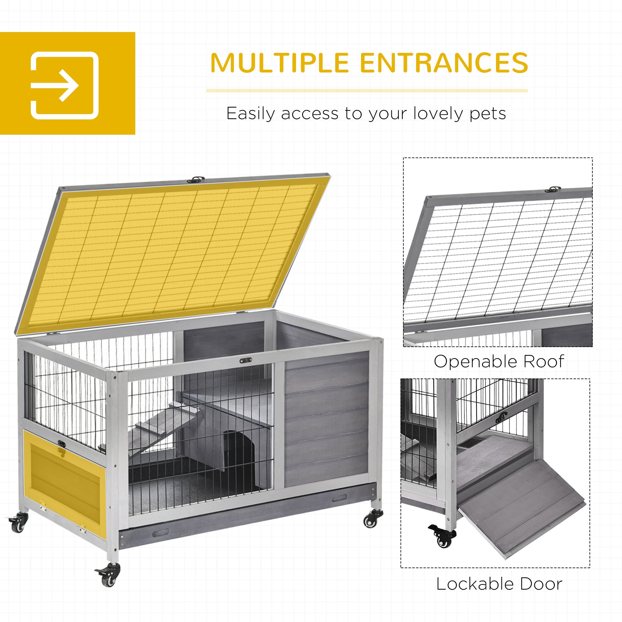 Indoor Rabbit Enclosure, Wooden Elevated Cage Habitat with Enclosed Run with Wheels - Ideal for Rabbits and Guinea Pigs - Grey - Image 5