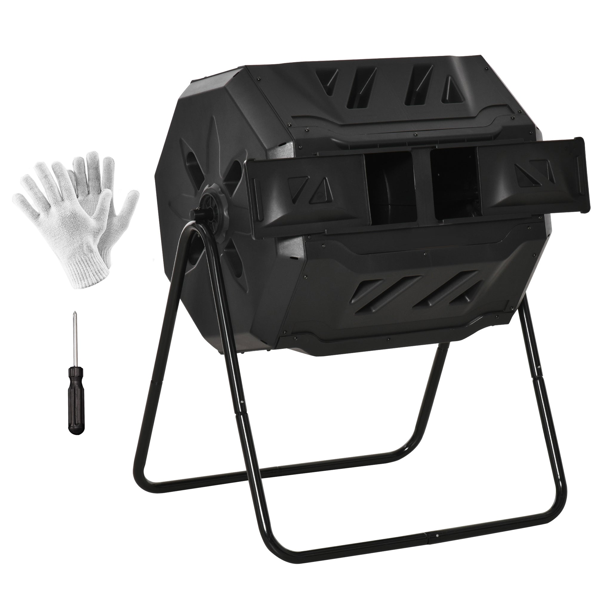 Tumbling Compost Bin Outdoor 360° Dual Chamber Rotating Composter 43 Gallon, Black - Black