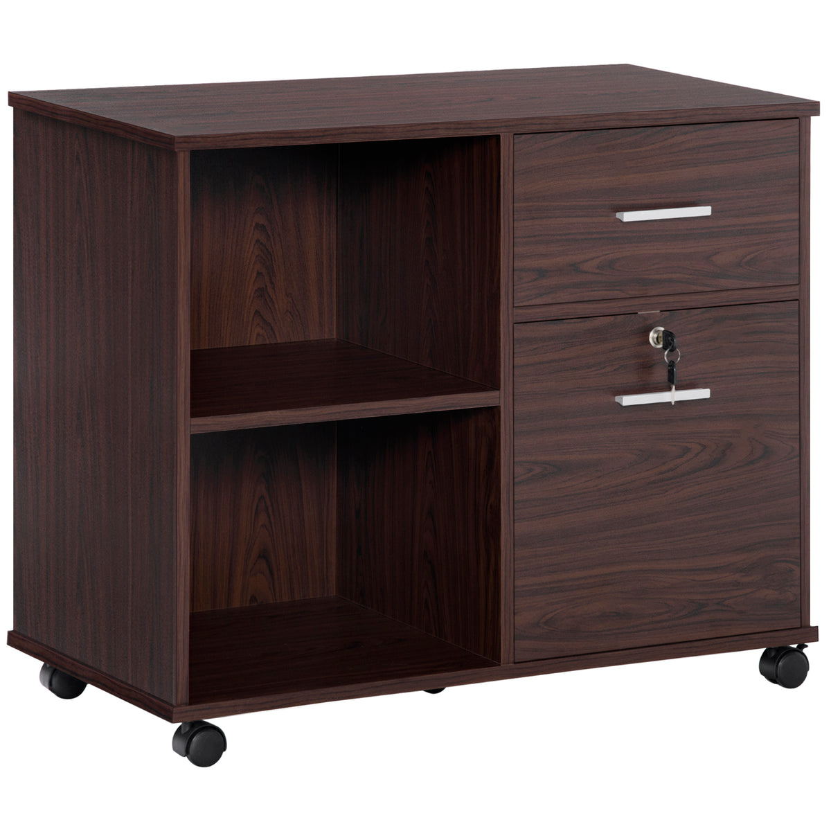 Lateral File Cabinet with Wheels, Mobile Printer Stand with Open Shelves and Drawers for A4 Size Documents, Walnut