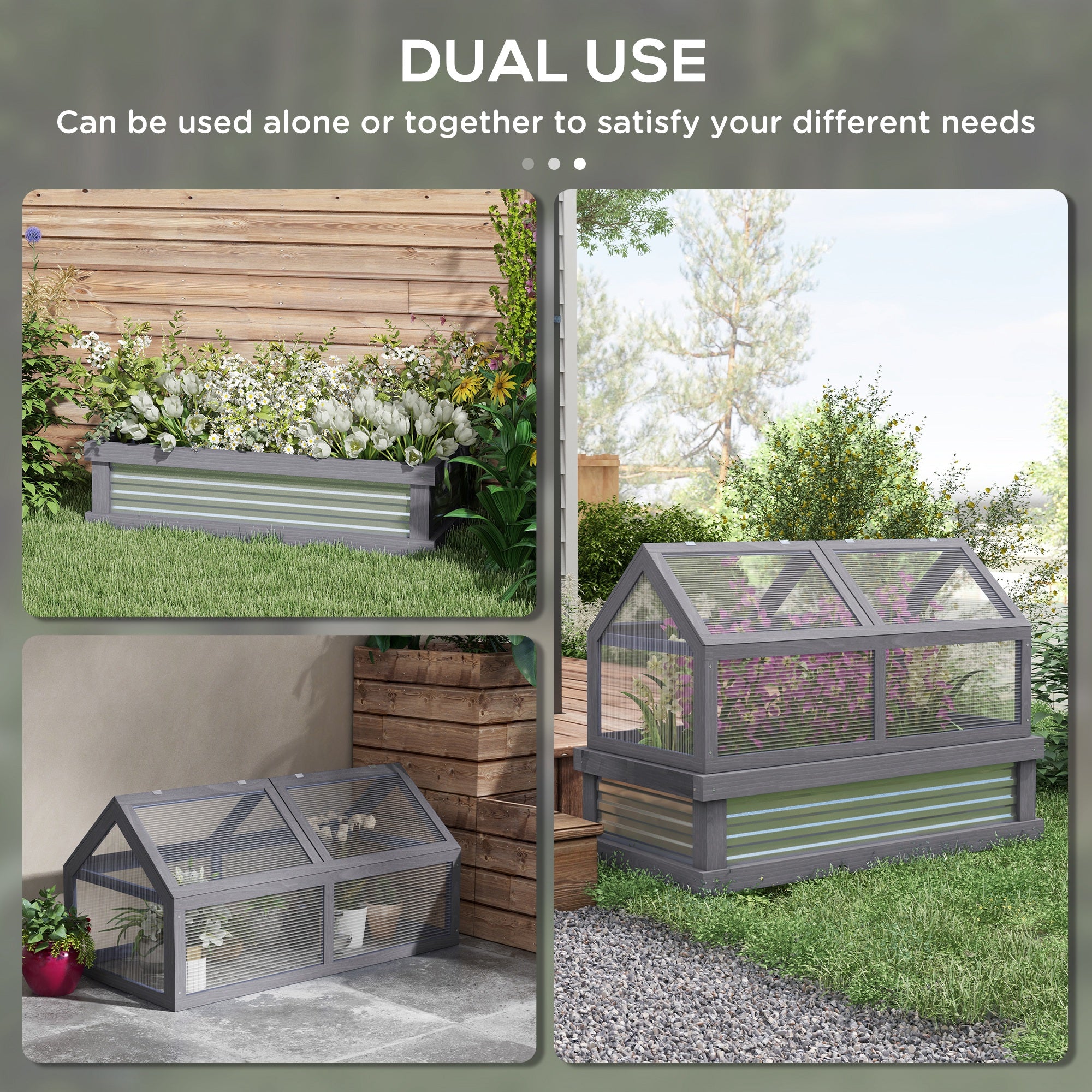 Raised Garden Flower Bed Kit w/ Greenhouse, Wooden Cold Frame Planter, Gray - Gray - Image 4