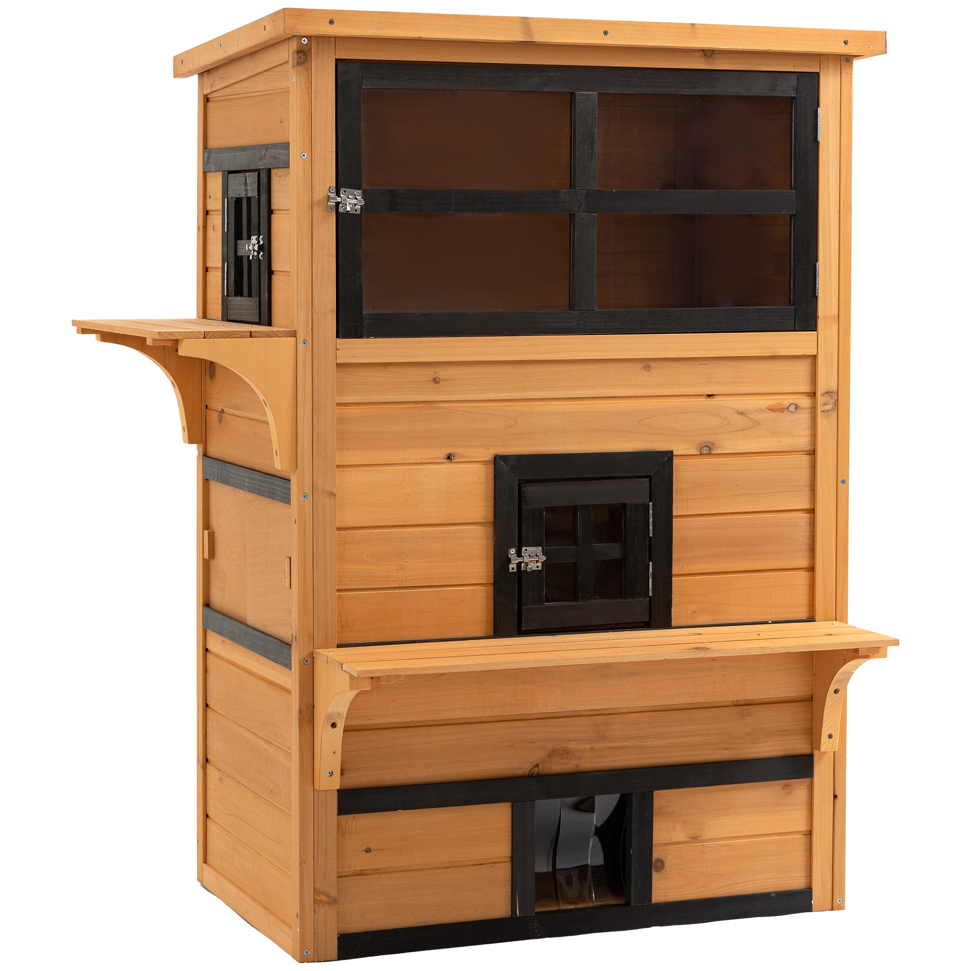 Outdoor Cat House, 3-Tier Kitty Shelter with 5 Escape Doors, Weather Resistant, Yellow & Black - Yellow