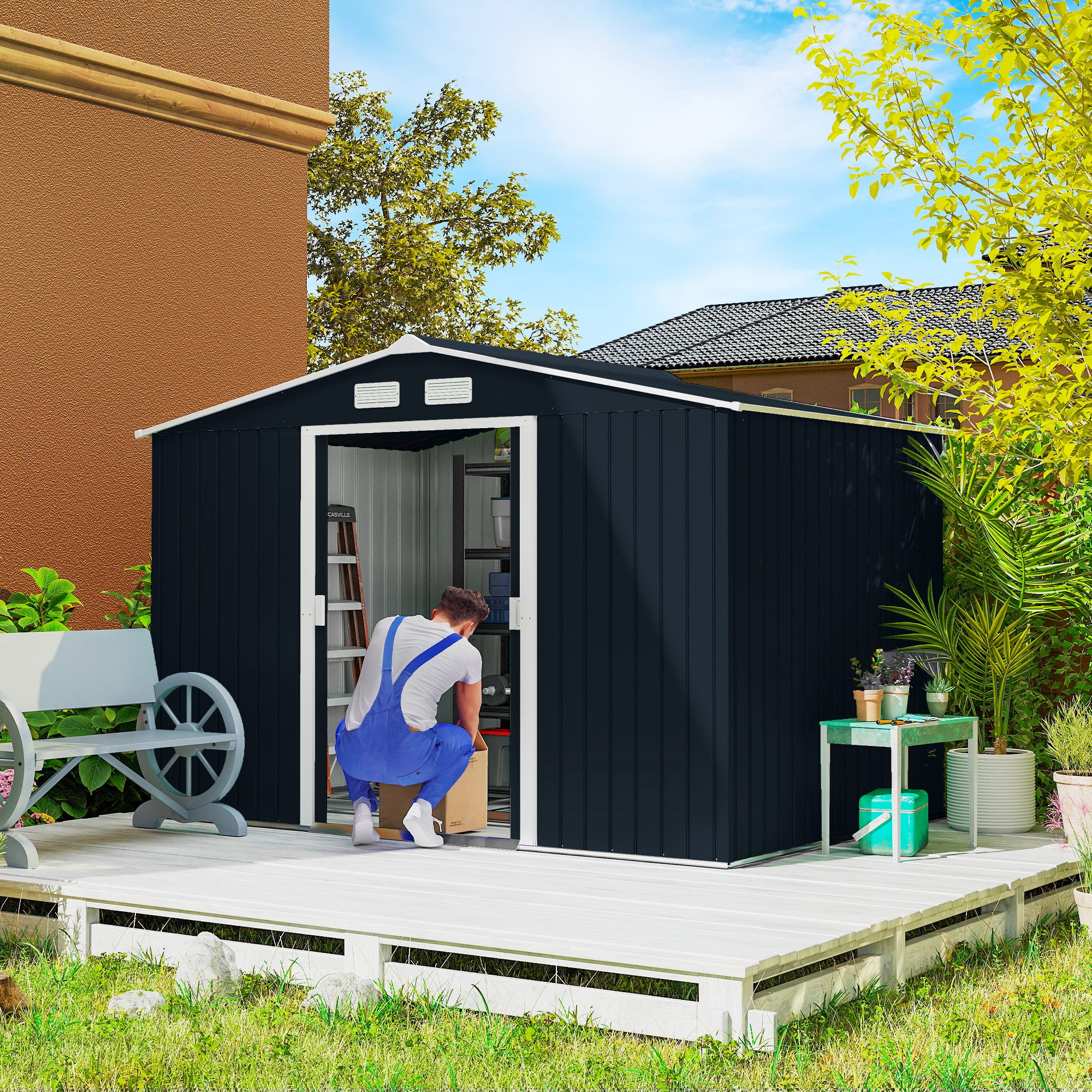 9' x 6' Outdoor Storage Shed, Garden Tool Metal Shed with Foundation Kit, Double Lockable Door, Air Vents and Sloping Roof, for Backyard, Patio, Lawn, Dark Gray - Dark Gray - Image 2