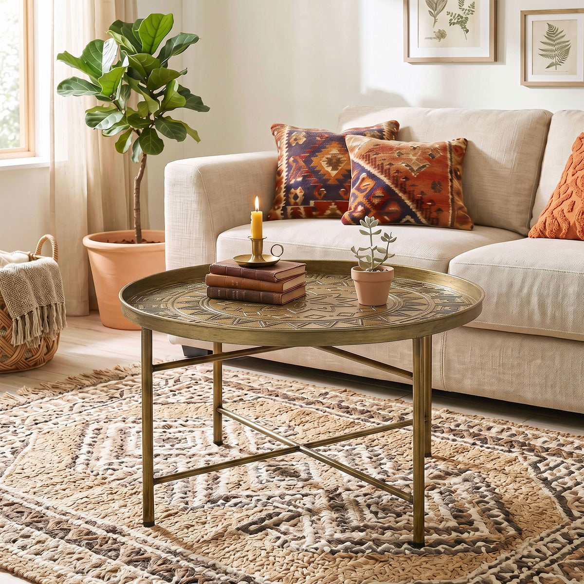 Coffee Table for Living Room, 24" Round Center Table with Hammered Tray Top and Metal Frame for Bedroom, Gold