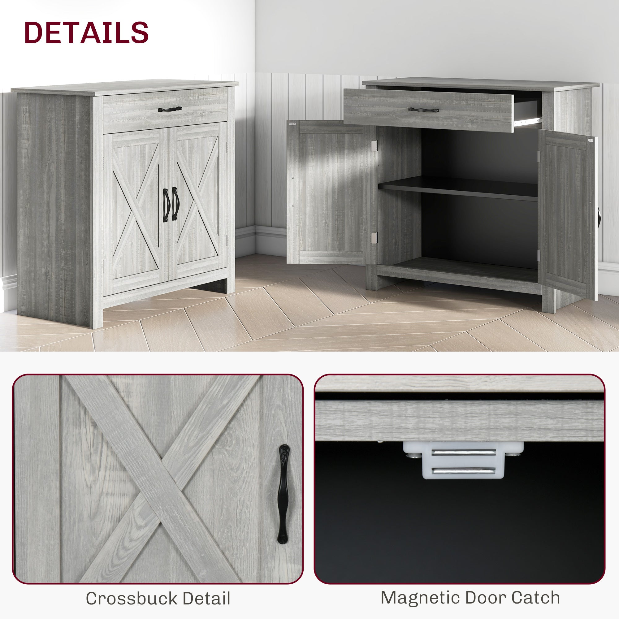 Farmhouse Sideboard Cabinet with Barn Doors Kitchen Buffet Cabinet with Drawer and Adjustable Shelf Stone Gray
