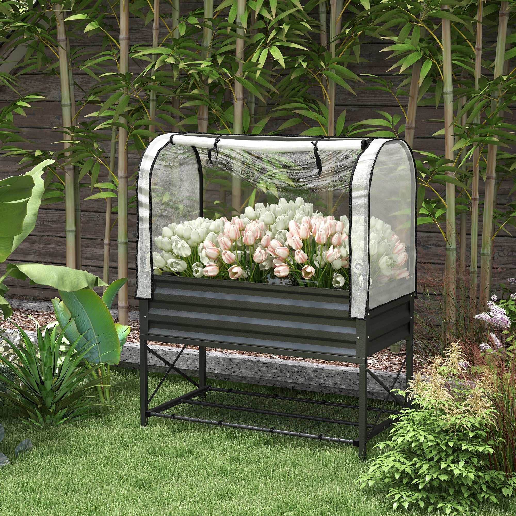 Raised Garden Bed with Legs and Cover, Metal Elevated Planter Box with Bottom Shelf and Liner for Vegetables, Black - Black - Image 2