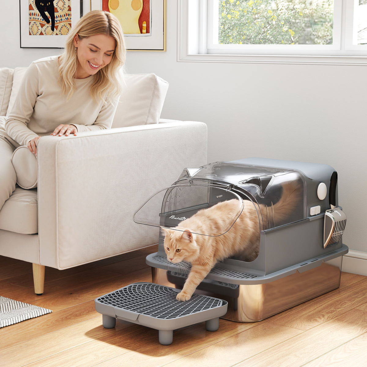 Stainless Steel Cat Litter Box with Flip Lid, XXL Enclosed Litter Box, High Sided, Step, Metal Scoop, 2 Deodorizing Bags
