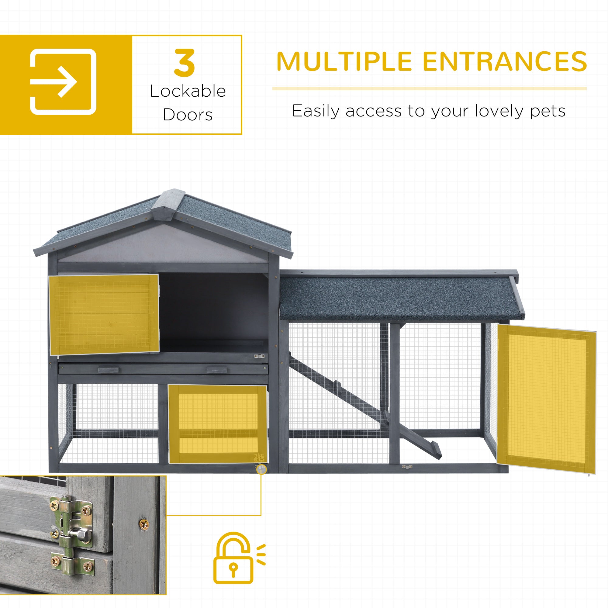 58" Large Rabbit Hutch Outdoor Indoor, Wooden Bunny Hutch, Guinea Pig Cage with Run, Removable Tray, Asphalt Roof, Lockable Doors and Ramp, for 1-2 Small Rabbits, Chickens, Ducks, Dark Gray - Grey - Image 4