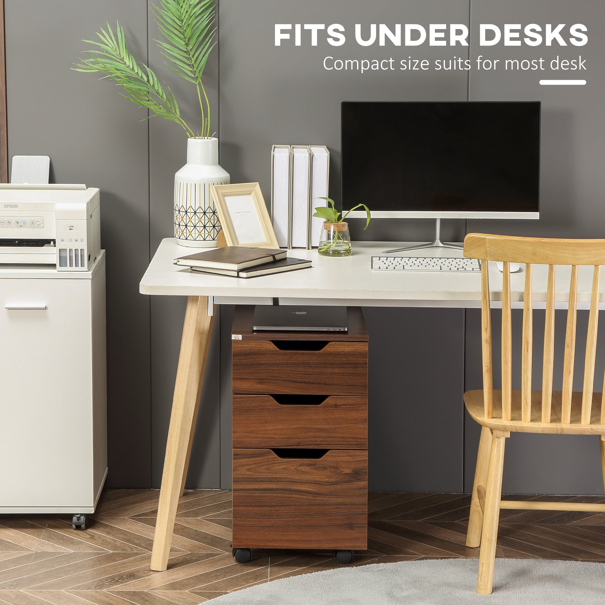 3 Drawer Mobile File Cabinet, Rolling Printer Stand, Vertical Filing Cabinet, Brown Wood Grain
