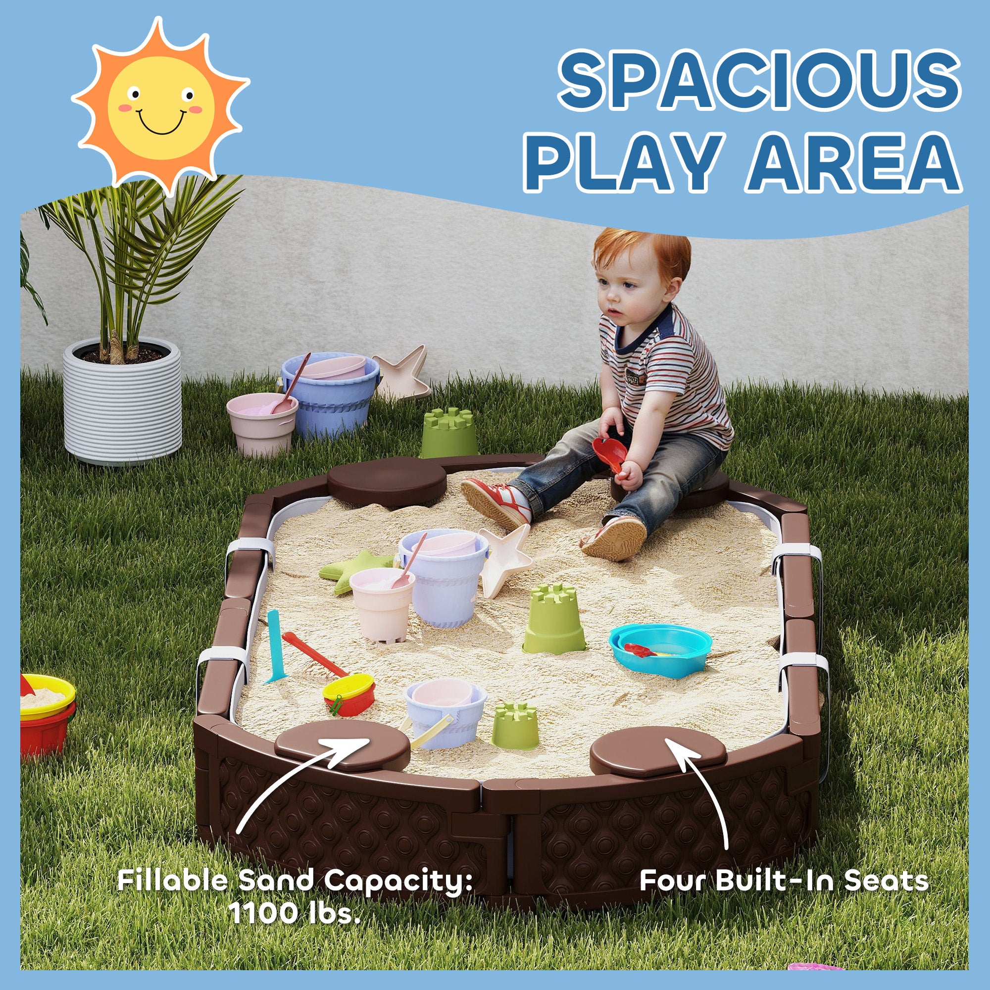 Kids Sandbox with Cover, 4 Corner Seats, Bottom Liner for Backyard, Garden, Outdoor, 71" x 42" W x 9", Dark Brown