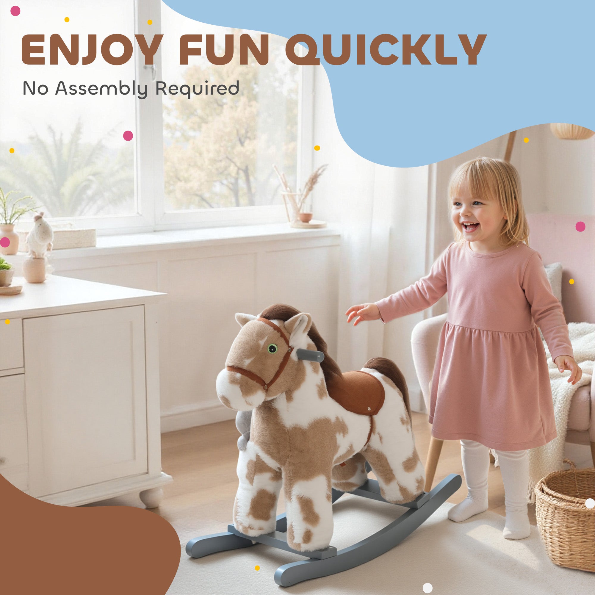 Rocking Horse, Kids Plush Horse Rocker with Rabbit Toy and Realistic Neigh for Toddlers 2–5 Years Old, Brown