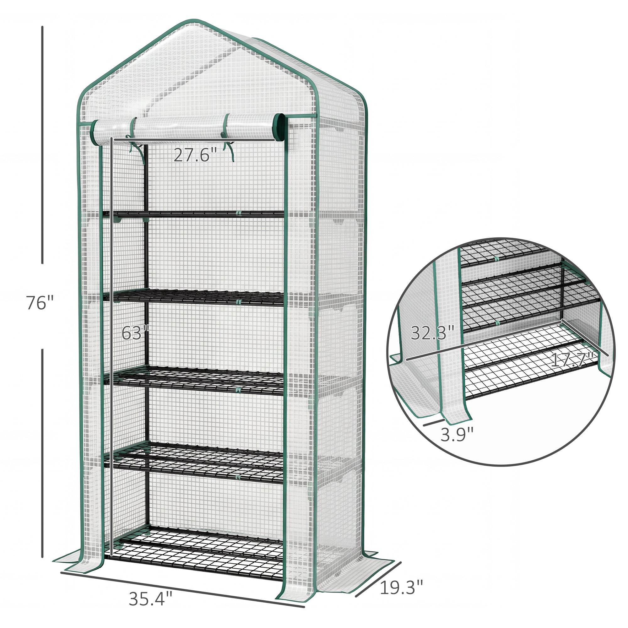 5 Tier Mini Greenhouse, Small Portable Greenhouse with PE Cover, Roll-Up Zippered Door, 76" x 35.4" x 19.3", White - White - Image 3