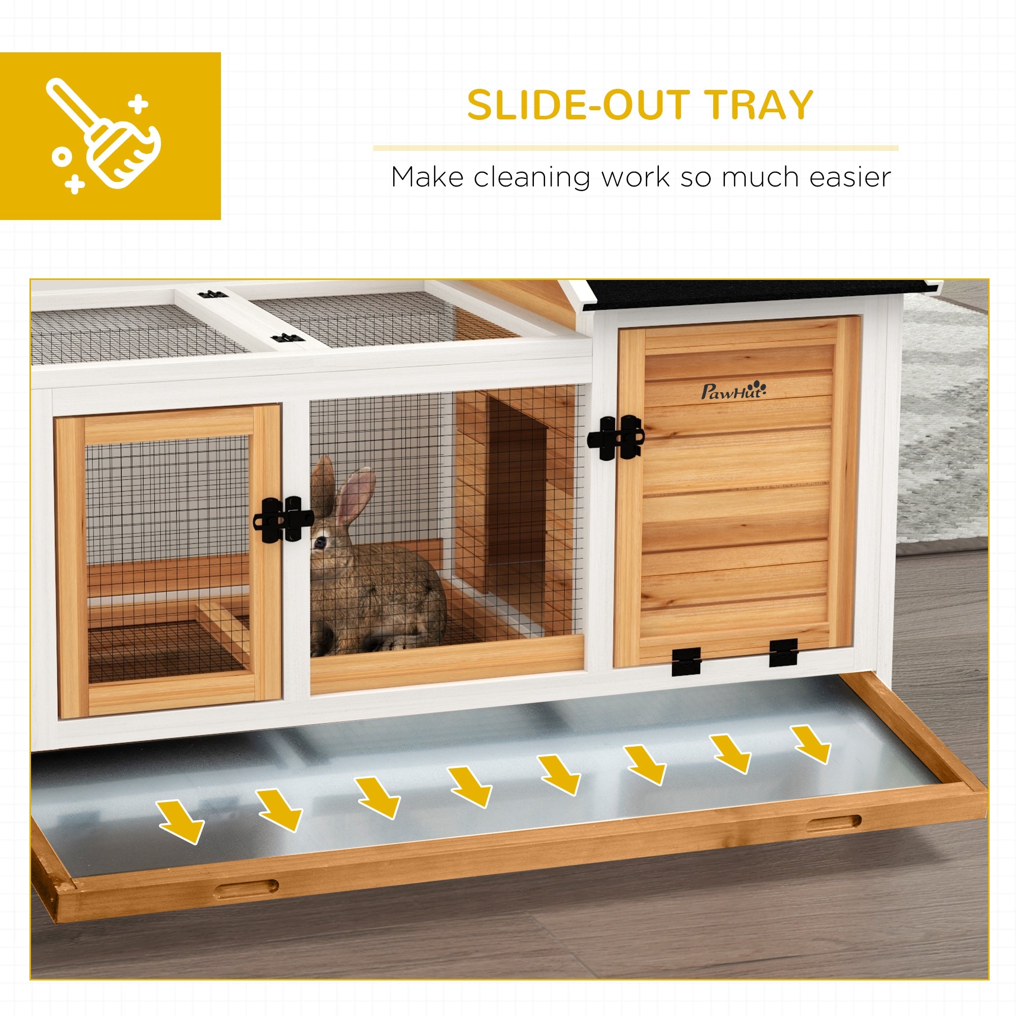 Wooden Rabbit Hutch with Wheels, Run, Slide-out Tray for Small Animals, Guinea Pig, Yellow - Yellow - Image 6