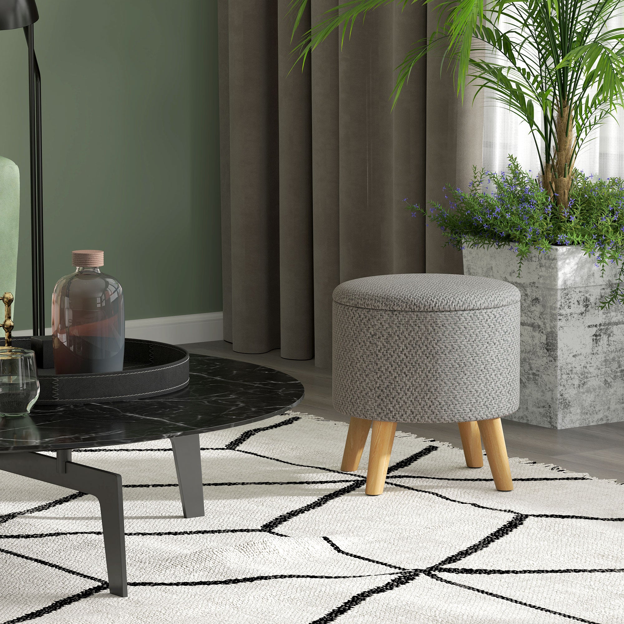 Round Ottoman Stool with Storage, Linen Upholstered Foot Stool with Padded Seat, Hidden Space and Wood Legs, Light Gray
