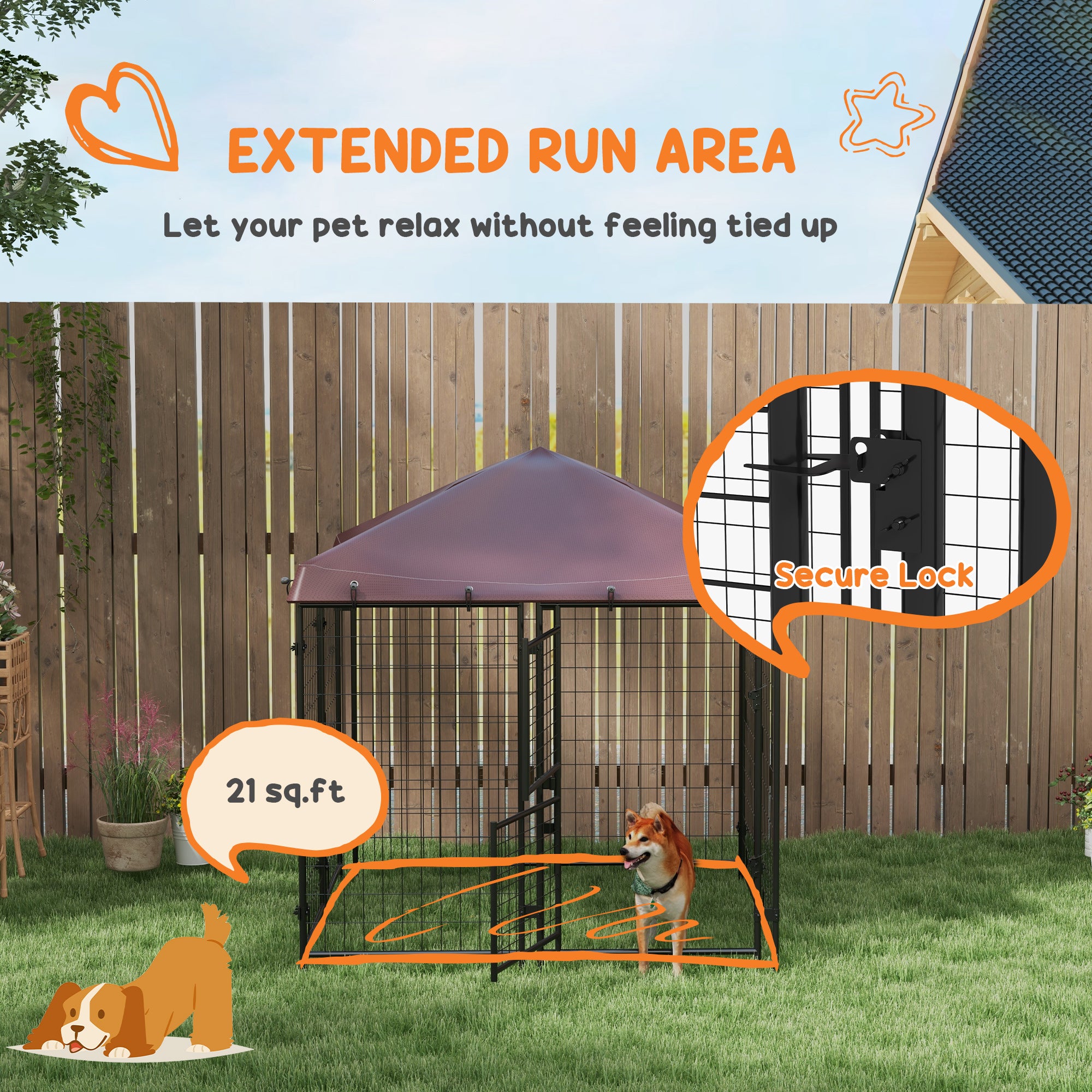 4.6' x 4.6' x 5' Dog Kennel Outdoor with Waterproof Canopy, Large Door - Brown - Image 8