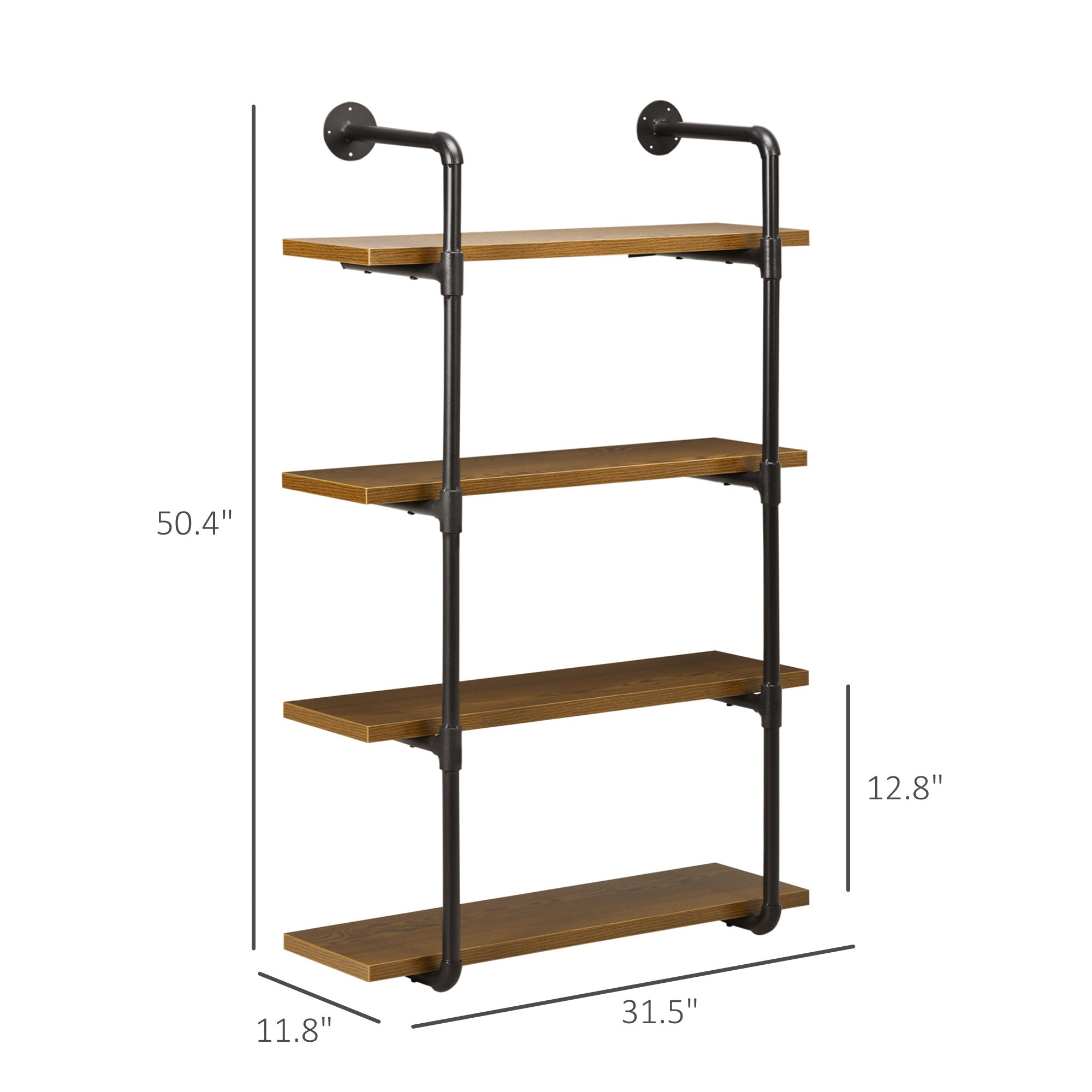4-Tier Industrial Pipe Shelves Floating Wall Mounted Bookshelf, Metal Frame Display Rack, 1" Thickness Shelving Unit for Farmhouse, Kitchen, Bar, Rustic Brown
