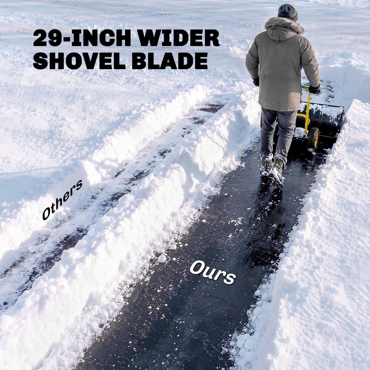 Snow Shovel with Wheels, 29" Metal Snow Pusher with Adjustable Handle, 7-Angle Blade, Wear Strip for Driveway, Yellow