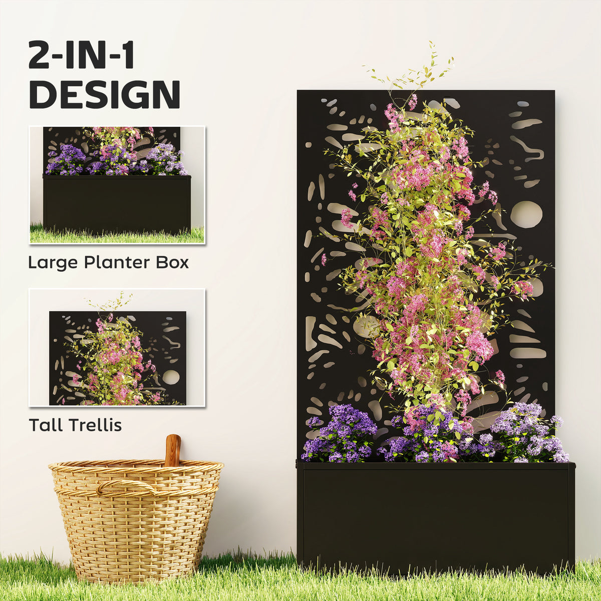 Metal Garden Bed with Trellis for Climbing Plants, Freestanding or Wall Mounted Flower Bed for Garden, Patio, Balcony