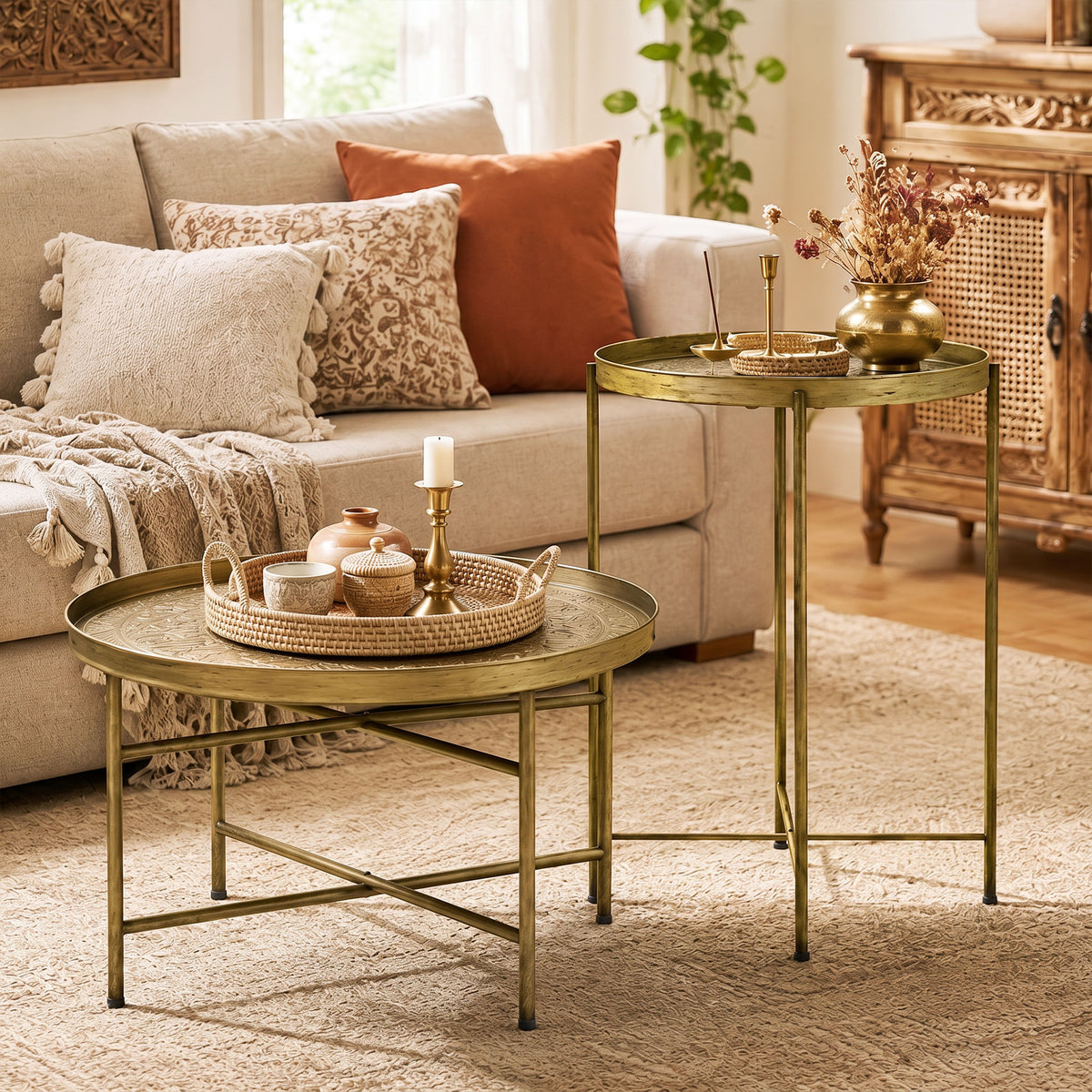 Coffee Table Set for Living Room, Round Center Table Set with Hammered Tray Top and Metal Frame for Bedroom, Gold