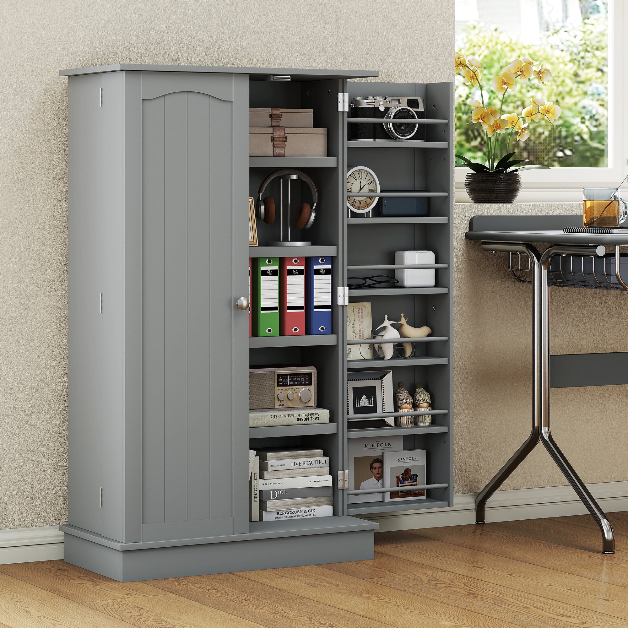 Freestanding Kitchen Pantry Cabinet, Kitchen Cabinet with 12 Door Shelves, Double Doors, 5-tier Shelving, Gray