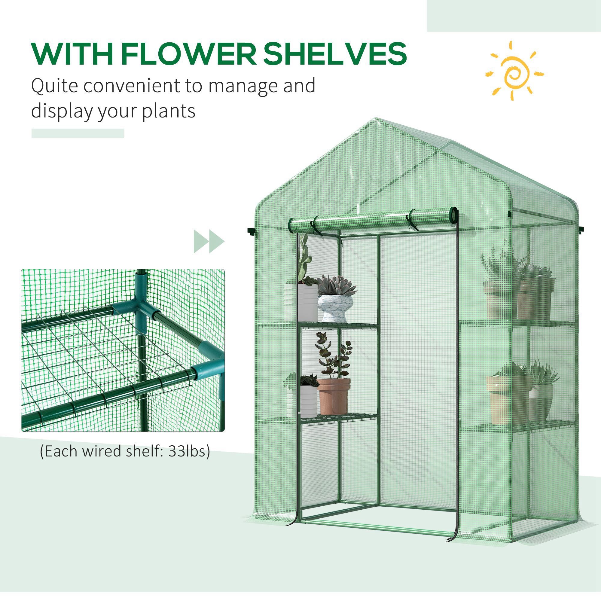 56" x 29" x 77" Walk-in Greenhouse, Garden Hot House with 3 Tier Shleves, Roll-Up Door and PE Cover, Green - Green - Image 7