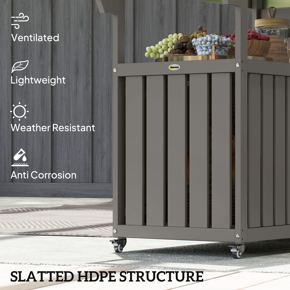 Outdoor Bar Cart with Storage, Stainless Steel Outdoor Bar Table Top, Wheeled HDPE Kitchen Island for Food Prep, Gray