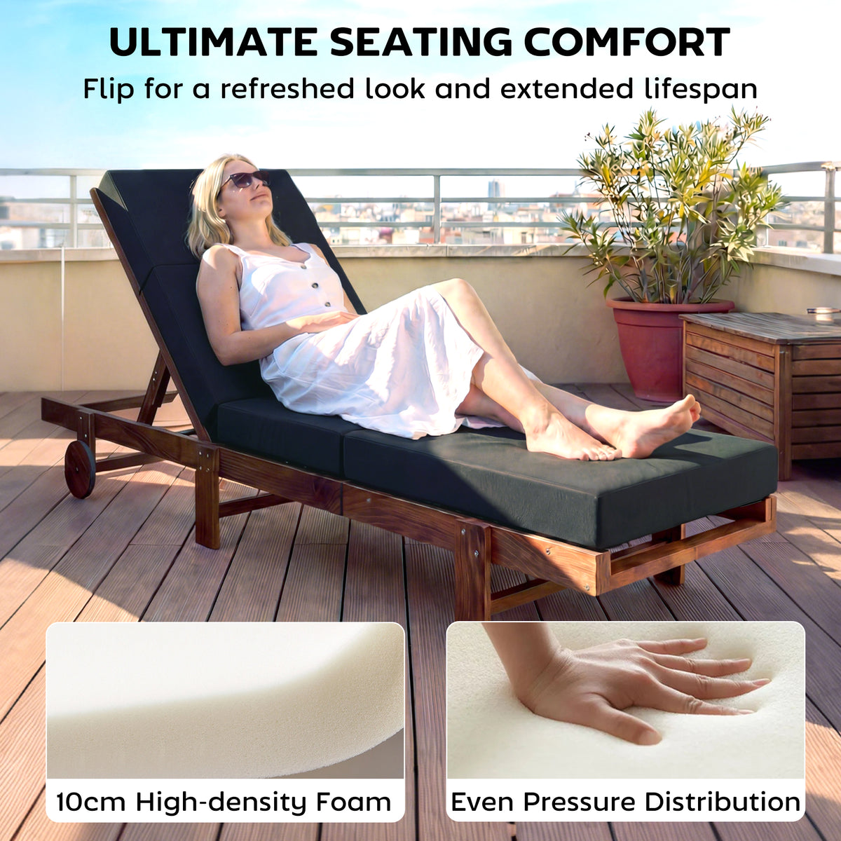 Chaise Lounge Cushion, 4" Thick Outdoor Lounge Chair Cushion with Ties for Patio, 21" x 72", Gray