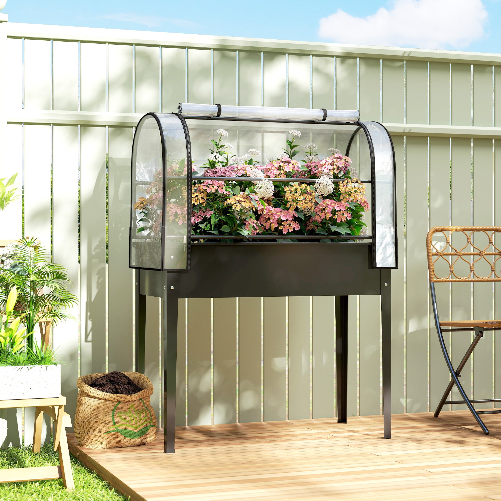 Raised Garden Bed with Flip-Up Greenhouse Cover, Metal Elevated Garden Bed with Legs and Drainage Hole, Black - Black - Image 2