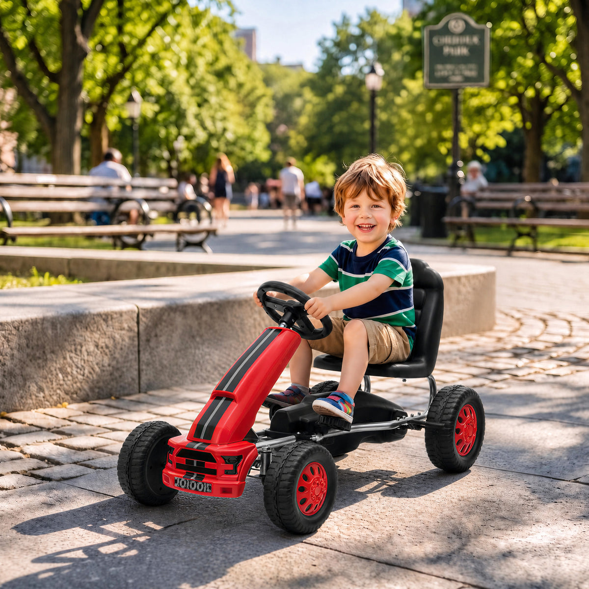 Lightweight Pedal Go Kart with Steering Wheel, Go Cart Ride on Toy with Adjustable Seat for 3+ Years, Red