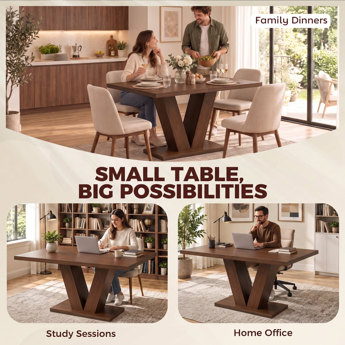 Modern Dining Table for 4 People, 47.2" Kitchen Table for Dining Room and Living Room, Rectangular, Dark Walnut