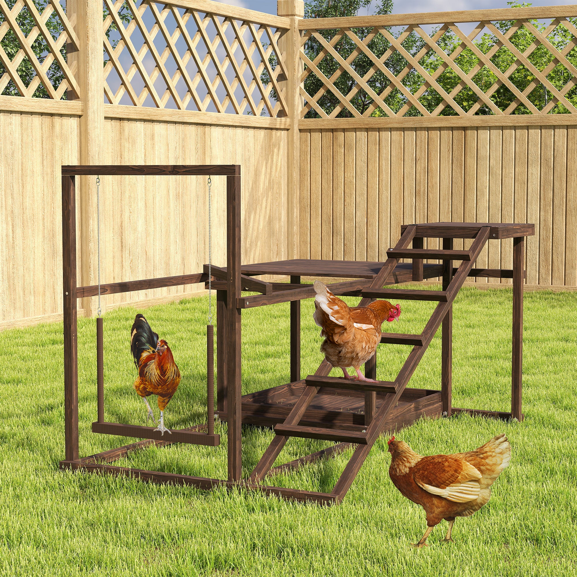 Wooden Chicken Activity Play Set with Perch, Swing, Ladder, Platforms, Feeder Storage, Coffee - Coffee - Image 2
