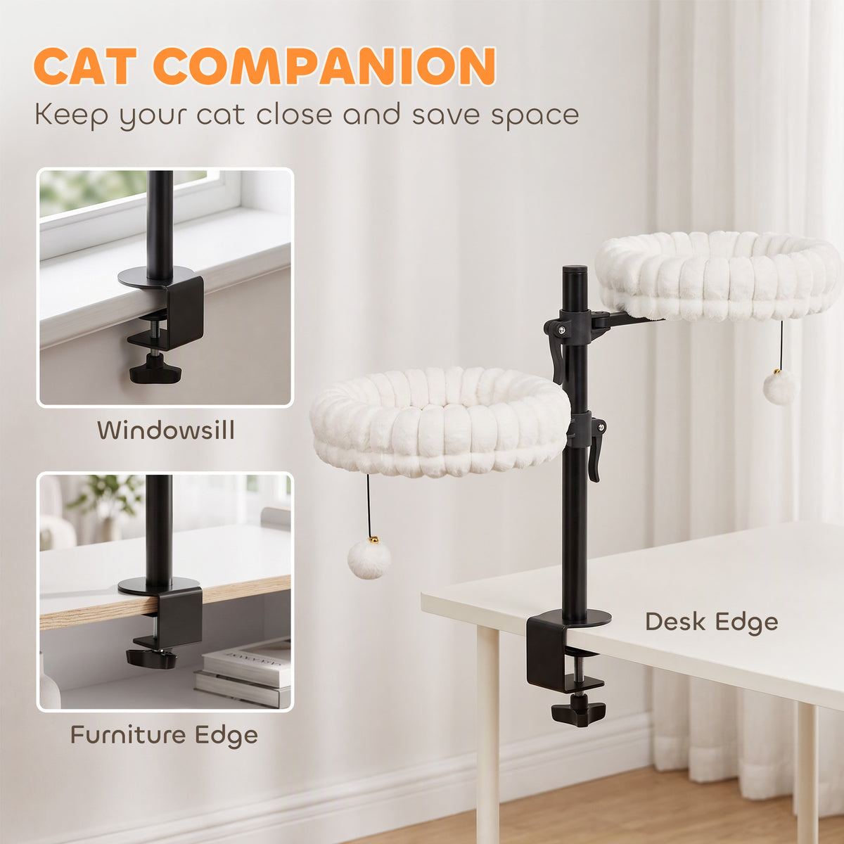 Cat Desk Bed for Indoor, Cat Hammock with 2 Removable Beds, 2 Hanging Balls for Desk, Windows, Holds Up to 24 lbs, White