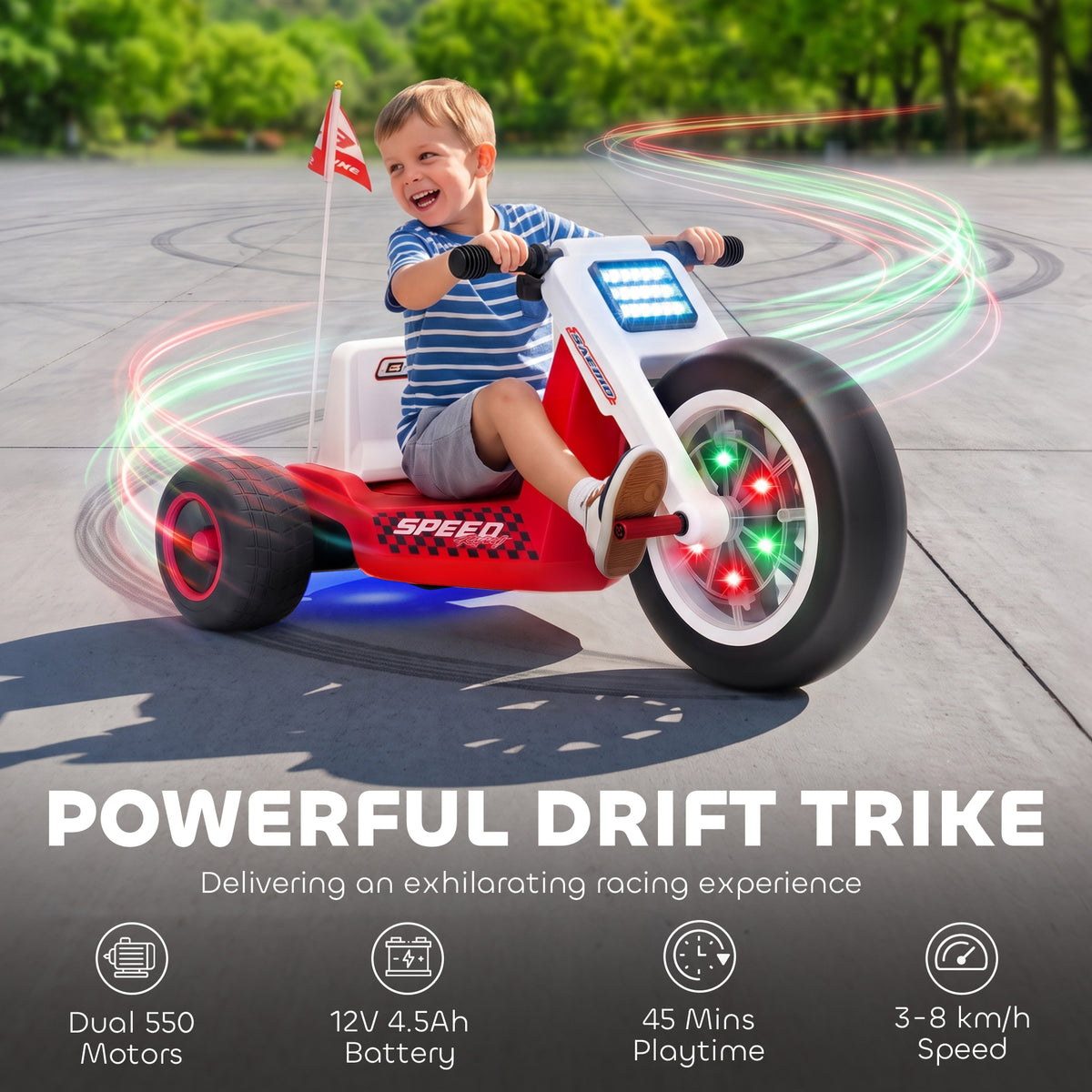 12V Electric Car for Kids, Electric Ride On Tricycle with Soft Start, Light-Up Wheel, Adjustable Seat for 3-6, Red