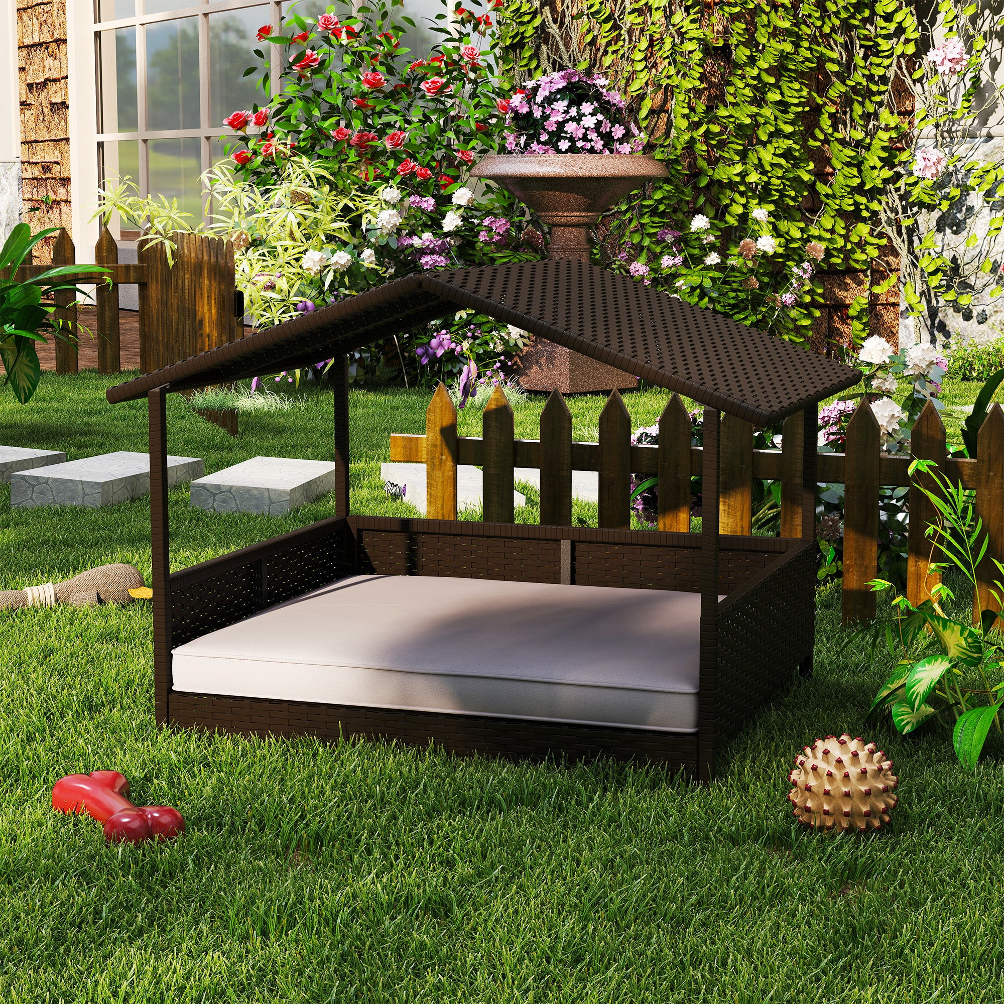 Wicker Dog House Outdoor with Canopy, Rattan Dog Bed with Water-resistant Cushion, Raised Dog Bed for Small, Medium Dogs up to 66 lbs, 19.75" in Length, Brown Wicker, White Cushion - Cream White - Image 2