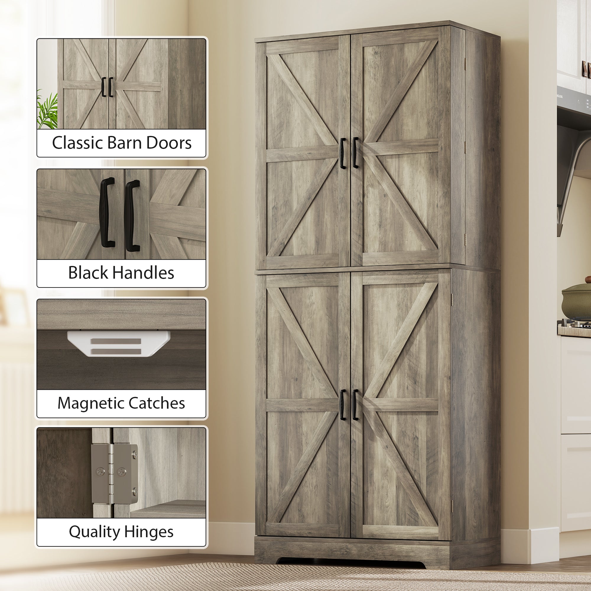 Farmhouse Kitchen Pantry, 72" Tall Pantry Cabinet with 4 Barn Doors, 4 Adjustable Shelves and 8 Door Shelves, Gray Wash