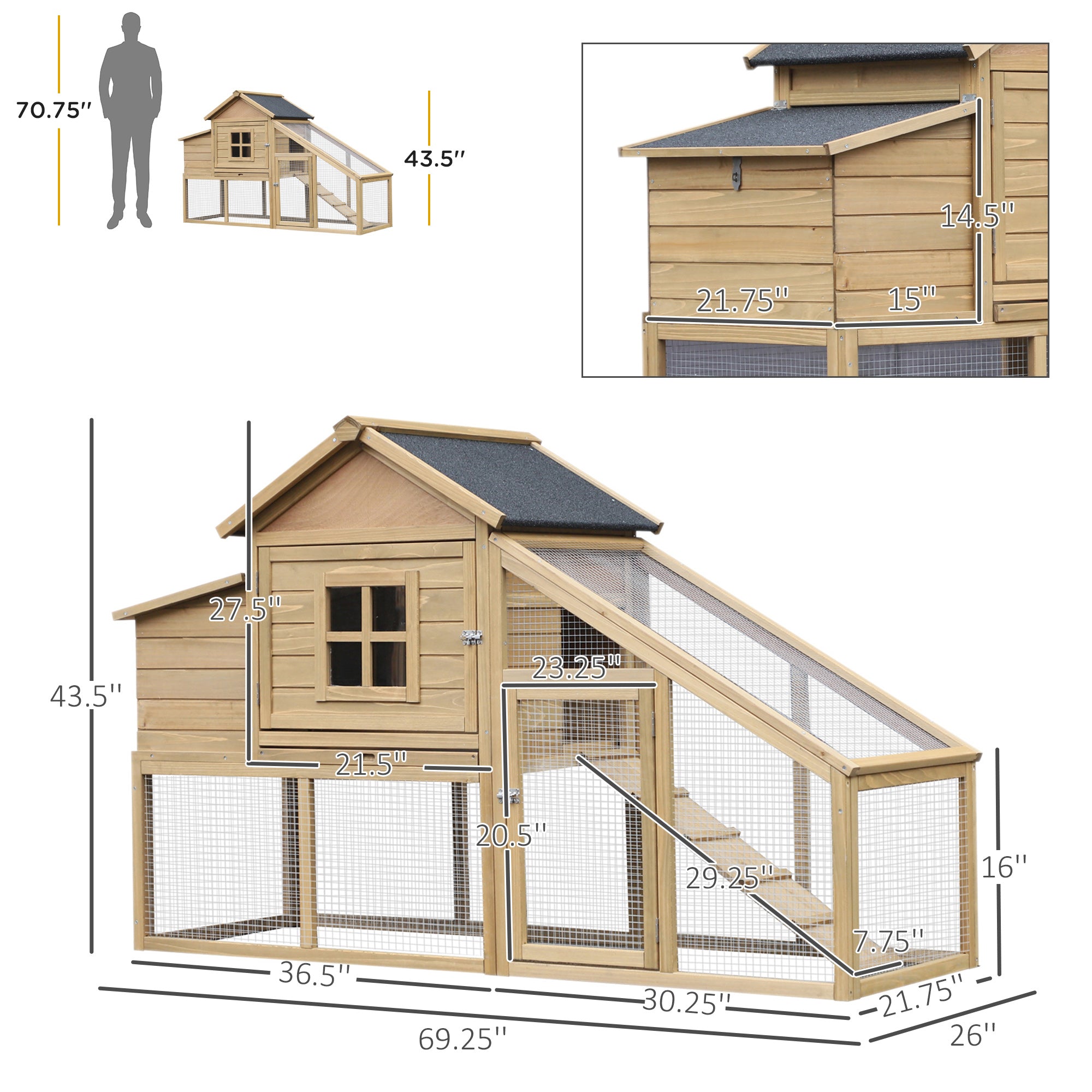 69" Wooden Chicken Coop, Poultry Cage Hen House with Connecting Ramp, Removable Tray, Ventilated Window and Nesting Box, Natural - Natural Wood - Image 3