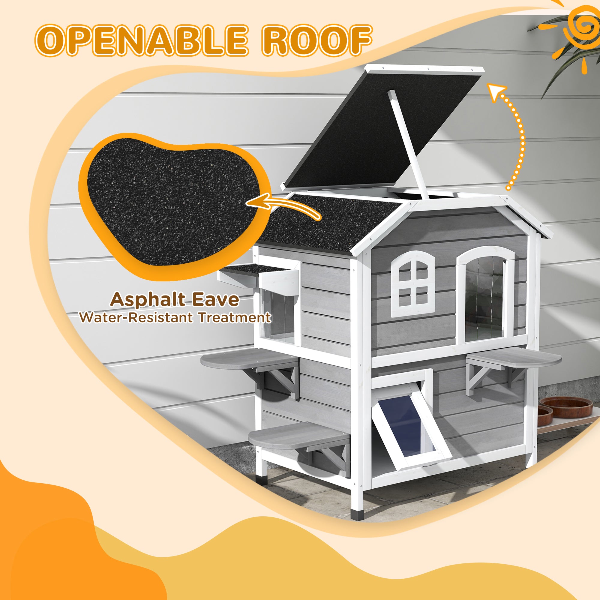 2-story Cat House Outdoor, Weatherproof Wooden Cat Enclosure for Feral Cats with Escape Door, Openable Roof, Jumping Platforms, Gray - Gray - Image 4