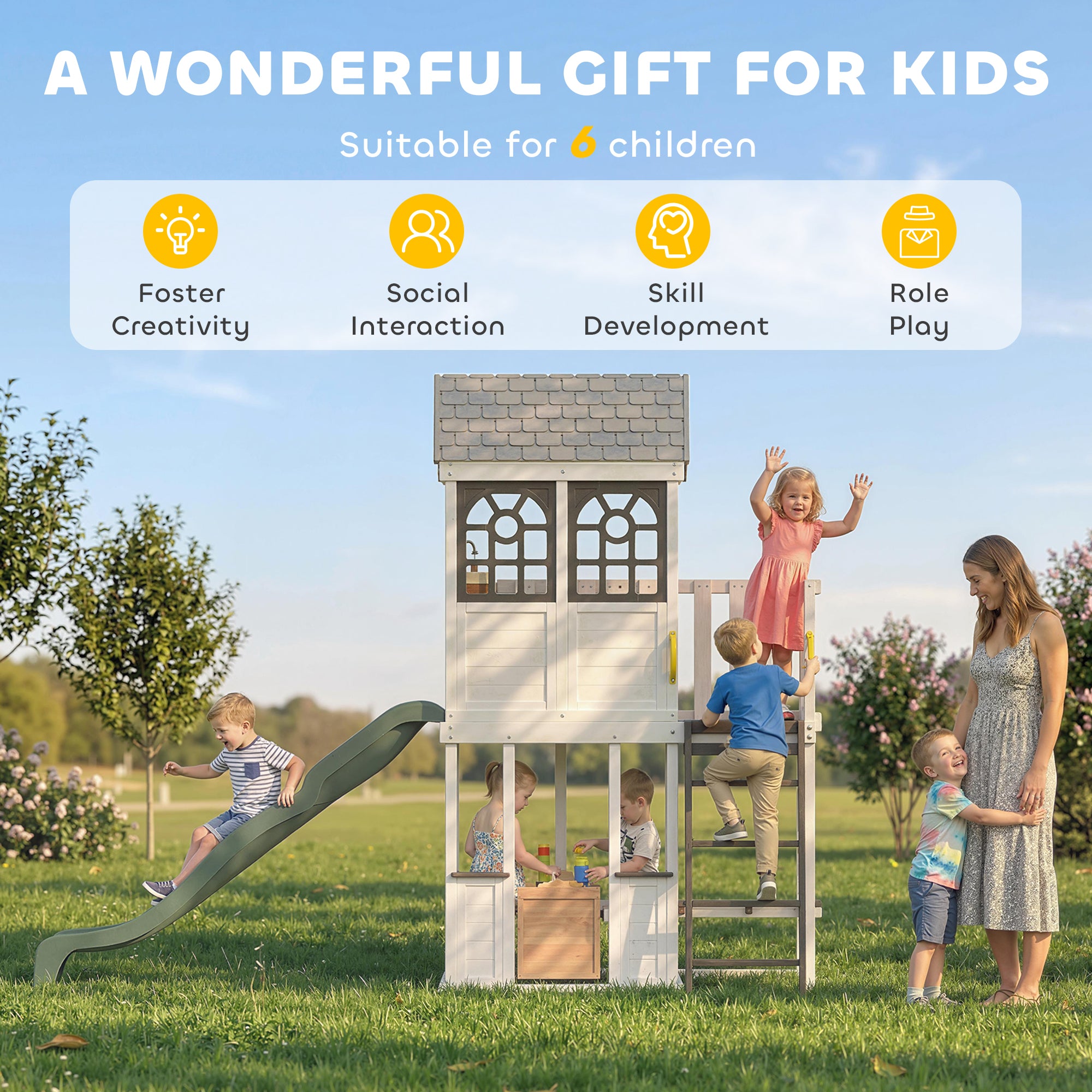 Two-Story Outdoor Playhouse, Wooden Kids Playhouse with Slide, Table & Bench, Play Kitchen, Ladder, Blackboard, White