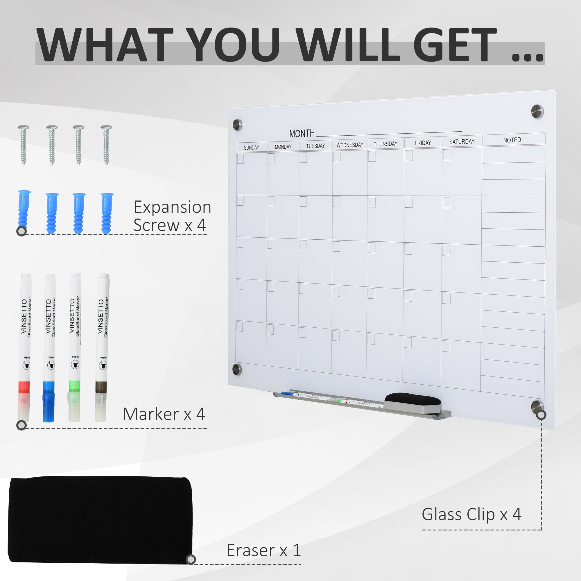 35"x23" Dry Erase Wall Calendar Glass Whiteboard Monthly Planner for Homeschool Supplies & Home Office Organization with 4 Markers and 1 Eraser,Frameless
