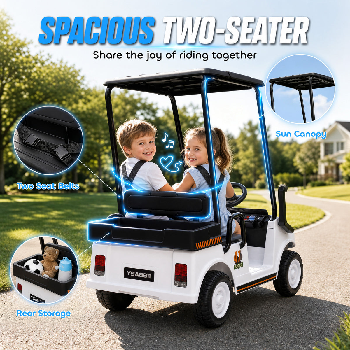 24V Kids Golf Cart 2WD 2-Seater with Remote, Soft Start, Rear Suspension, Sunshade, Storage, Gift for 3-6 Years, White