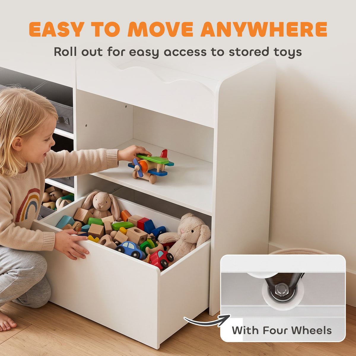 Kids Toy Storage Organizer, Kids Bookshelf with 8 Fabric Bins, 2 Rolling Drawers, Open Shelves for Kids Room, White