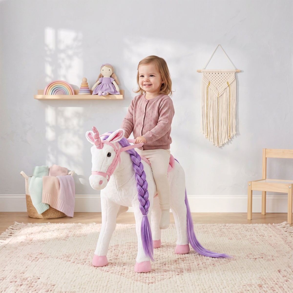 Ride on Horse for Kids 2+ Years, Toddler Riding Horse with Neighing, Stuffed Animal Horse Toy with Padding, White