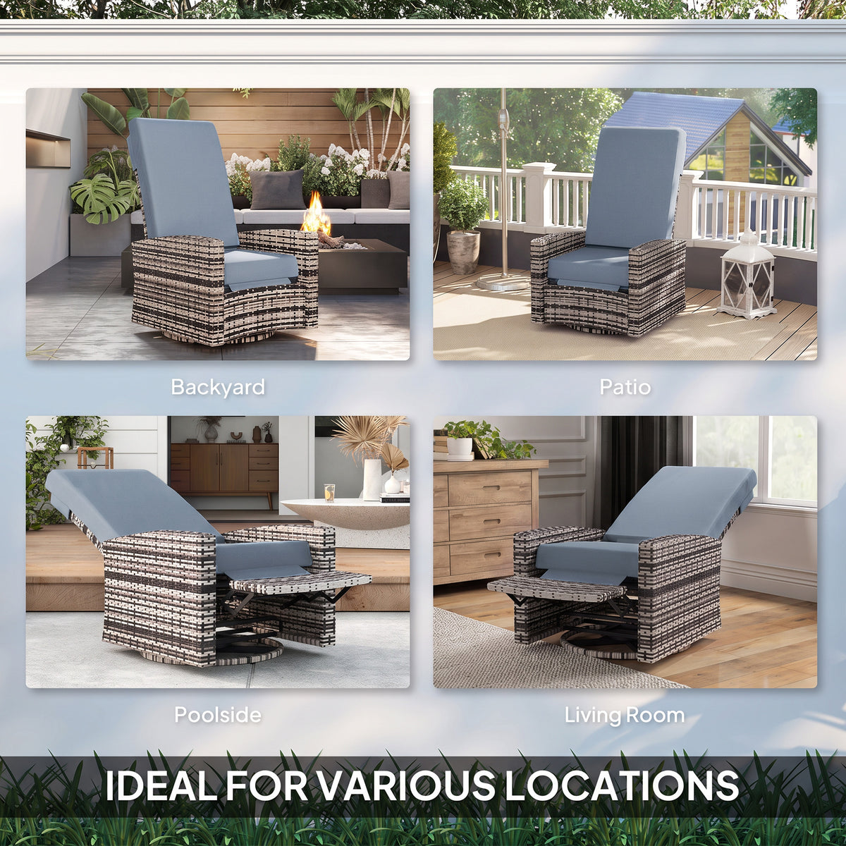 Outdoor Wicker Swivel Recliner Chair, Lifting Footrest, 360° Rotating Basic, Water-resistant Cushions, Gray