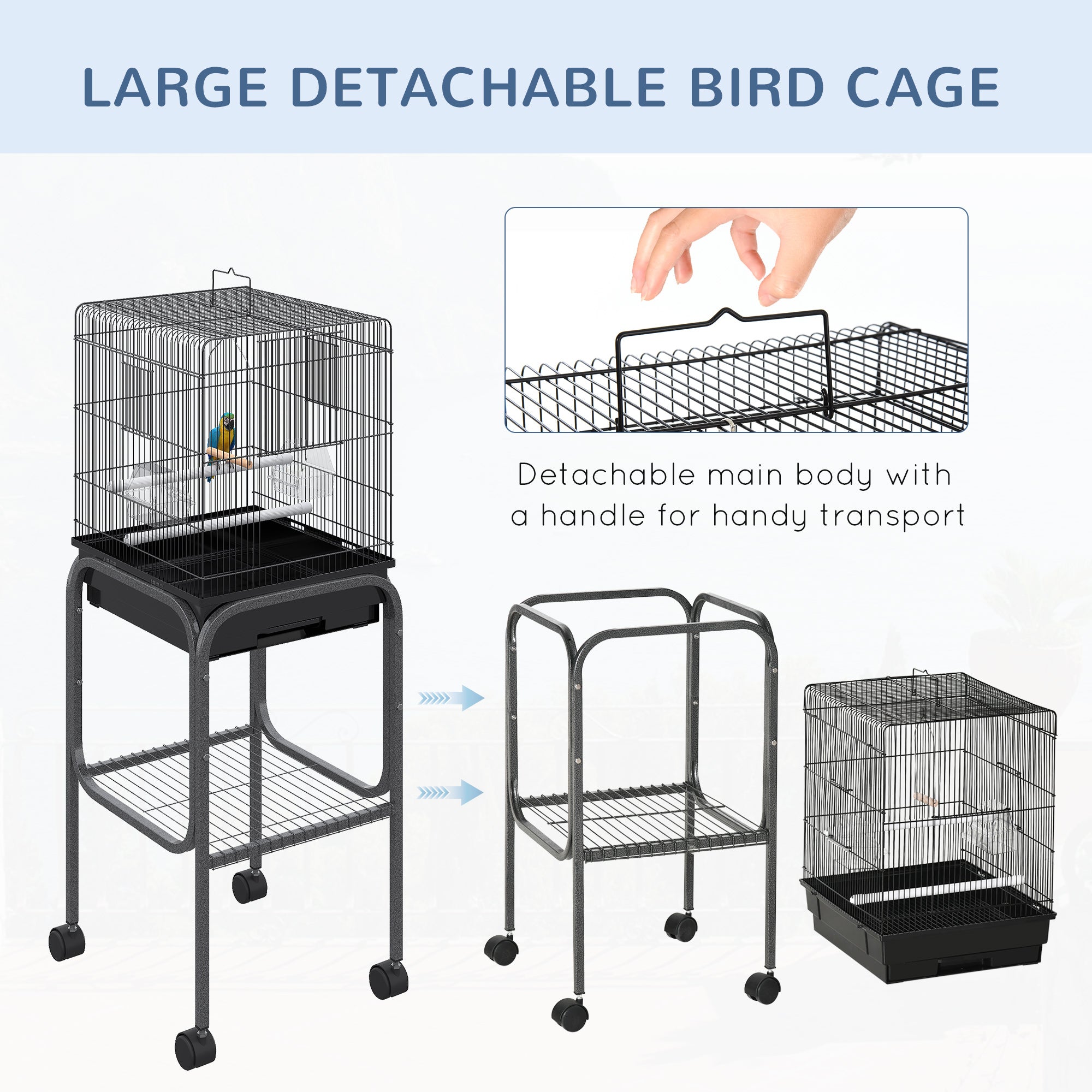 45-inch Metal Indoor Bird Cage, Parrot Cage, Bird Aviary with Detachable Rolling Stand, Storage Basket, and Accessories - Black - BLACK - Image 5